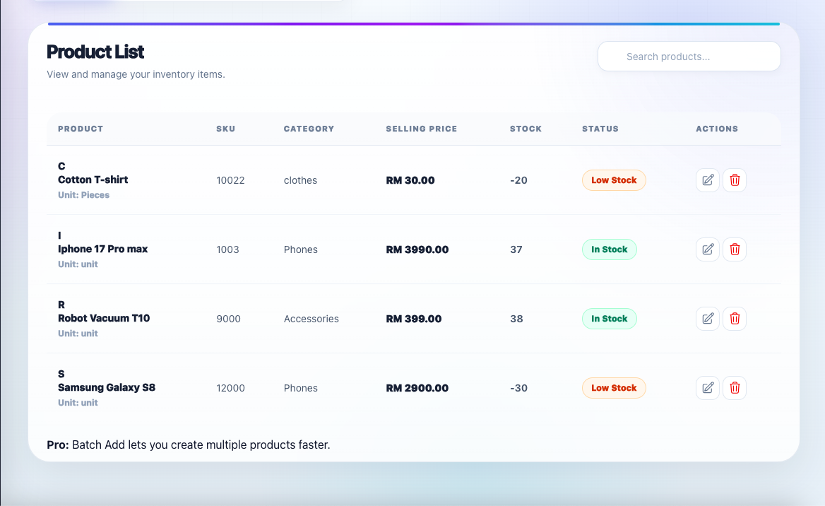 Actual Storly low-stock screen showing products near their reorder levels